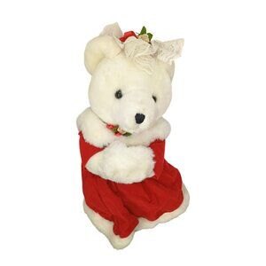 Vintage Anco 14" White Plush Teddy Bear Christmas Red Velvet Dress Lace Ribbon B